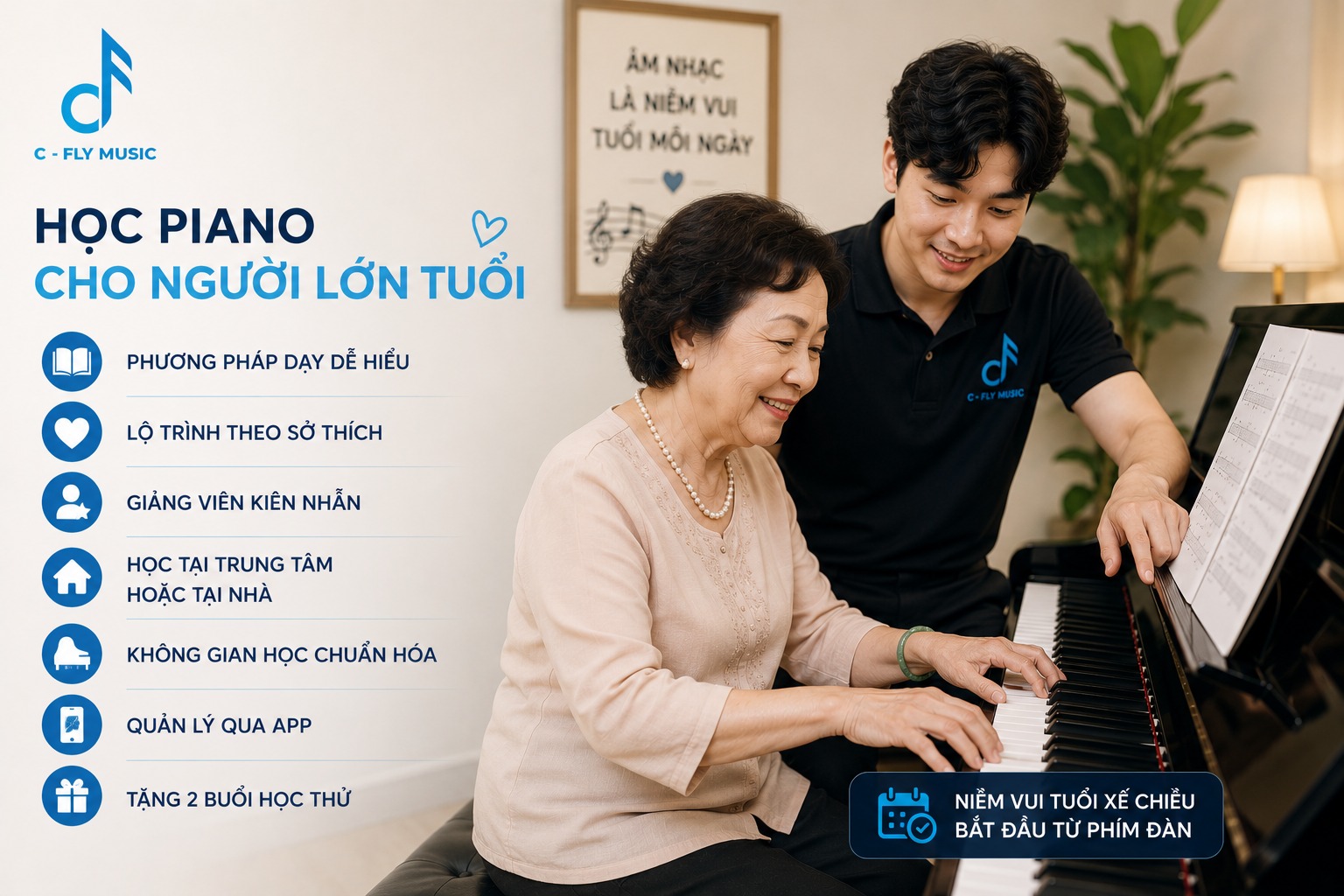 Học Piano cho người lớn tuổi ở đâu để không bị chán nản?