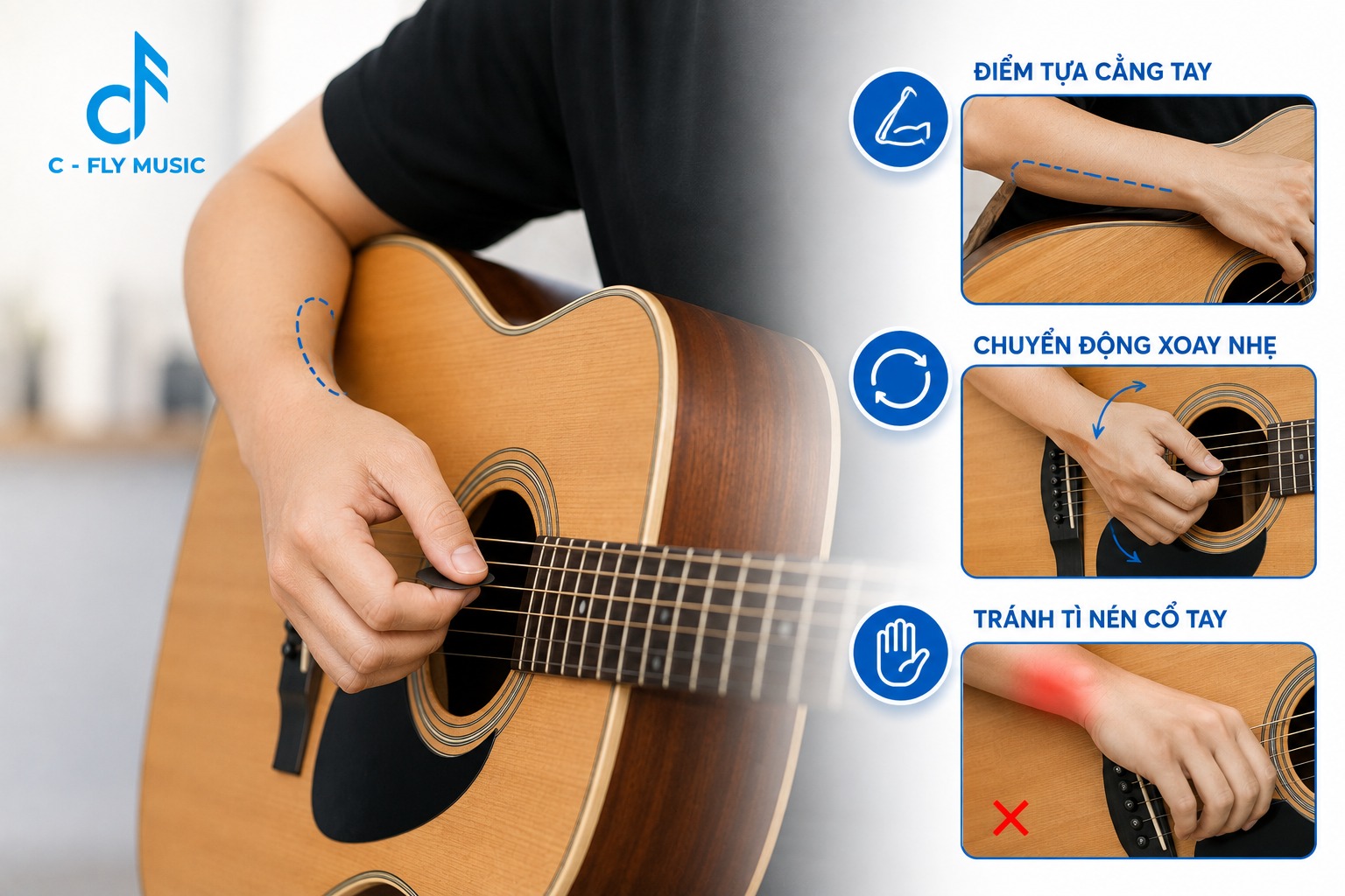 Cách giữ cổ tay đối với tay gảy dây (tay thuận)