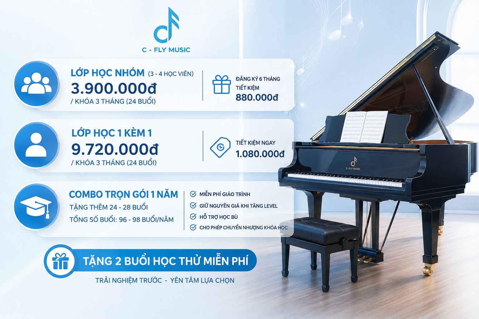 Khóa học piano cổ điển tại C-Fly Music giá bao nhiêu?