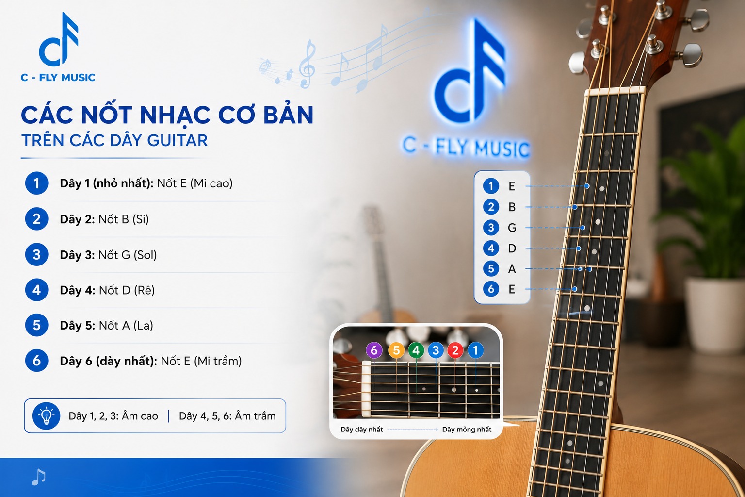 Các nốt nhạc cơ bản trên các dây guitar